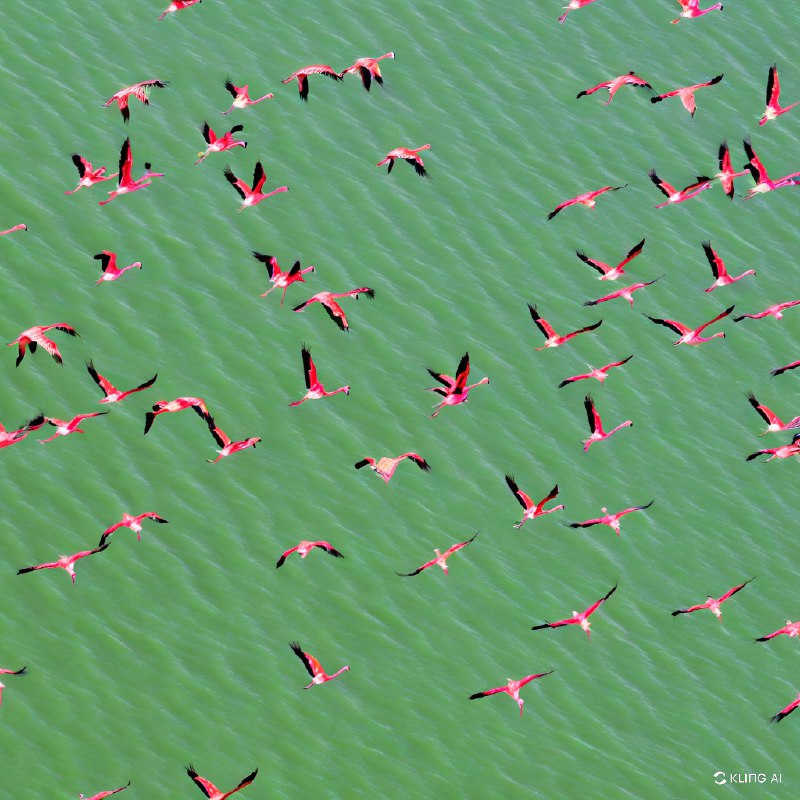 一群火烈鸟飞过一片绿色，鸟瞰，色彩鲜艳，动态，自然场景，户外野生动物摄影