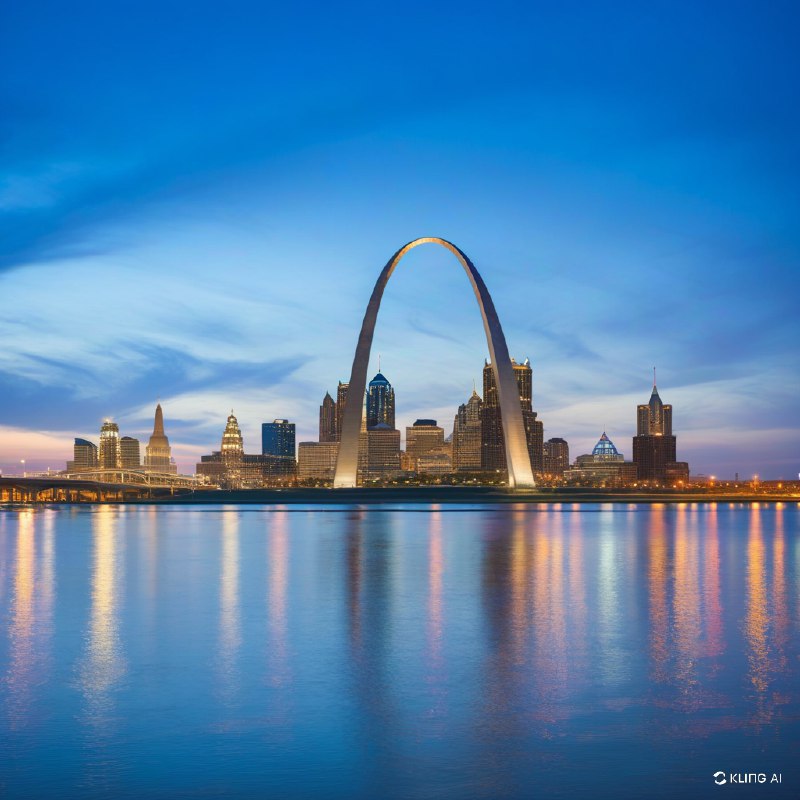 #Bing_Wallpaper“圣路易斯拱门在深邃的钴蓝色黄昏天空映衬下显得格外壮丽，周围环绕着光芒四射的城市景观