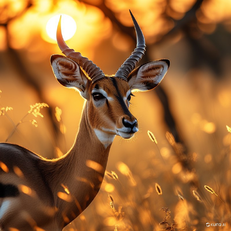 #Bing_Wallpaper一只优雅的黑脸大羚羊漫步在博茨瓦纳莫雷米野生动物保护区的金色草原上，沐浴在日落的温暖光辉中