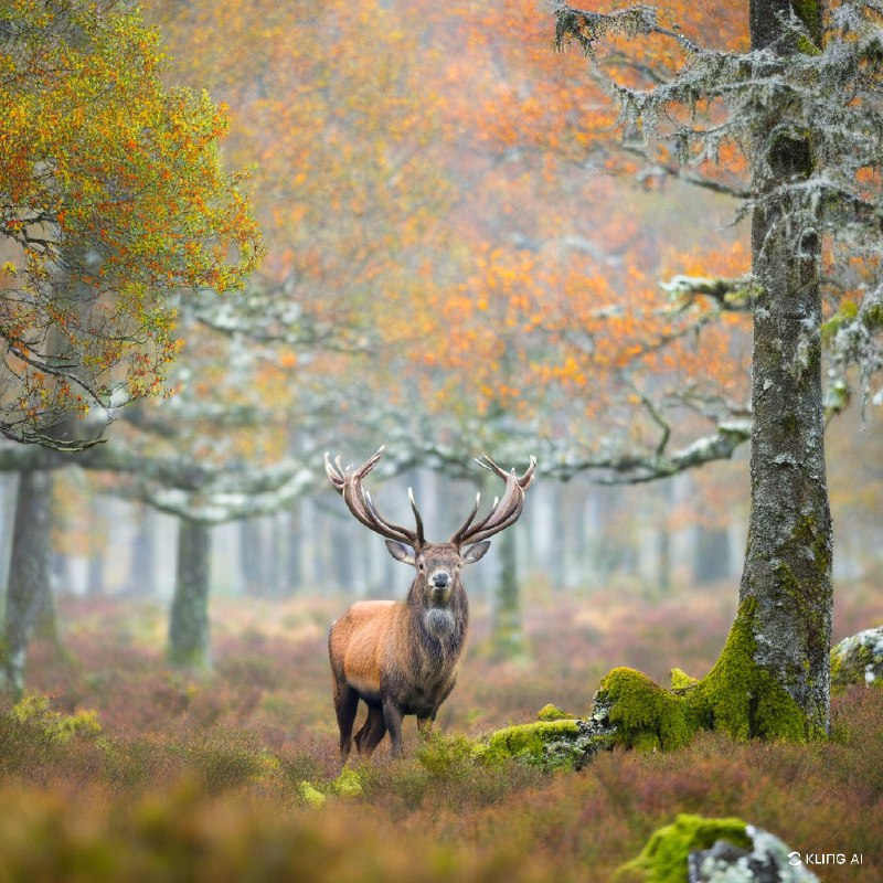 一只雄伟的红鹿伫立在苏格兰高地郁郁葱葱、雾气蒙蒙的森林中，周围是生机勃勃的秋叶和长满青苔的树木，捕捉到了大自然宁静而野性的美