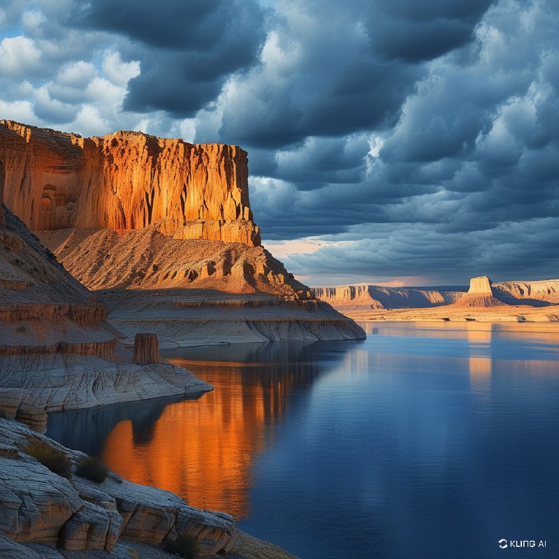 #Bing_Wallpaper"美国犹他州鲍威尔湖畔的阿尔斯特罗姆角，那辽阔而令人震撼的景致：金橙色的砂岩悬崖在夕阳的温暖光辉下熠熠生辉，长长的影子洒落在崎岖的地形上；湖水深沉宁静的湛蓝色与岩石炽烈的色调形成鲜明对比；远方的台地和平顶孤峰延绵至地平线，在天际下层次丰富的云层中展开，云朵呈现蓝、灰以及柔和桃色的交叠变化；悬崖上风化纹理与沉积层次的尖锐细节清晰可见；整个画面弥漫着一种静谧却雄伟的气息，唤起沉思与敬畏，描绘了一个具备高清晰度和现实感的电影级自然意境