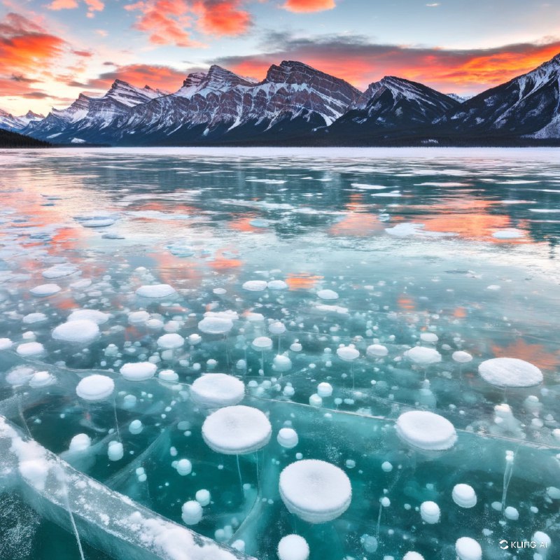 #Bing_Wallpaper“一幅令人叹为观止的冬季景观，展现了加拿大阿尔伯塔省亚伯拉罕湖的美景：一片广阔的松石色冰面上，悬浮着透明的白色甲烷气泡，这些气泡冻结成了错落有致的层次，层叠在冰面之下