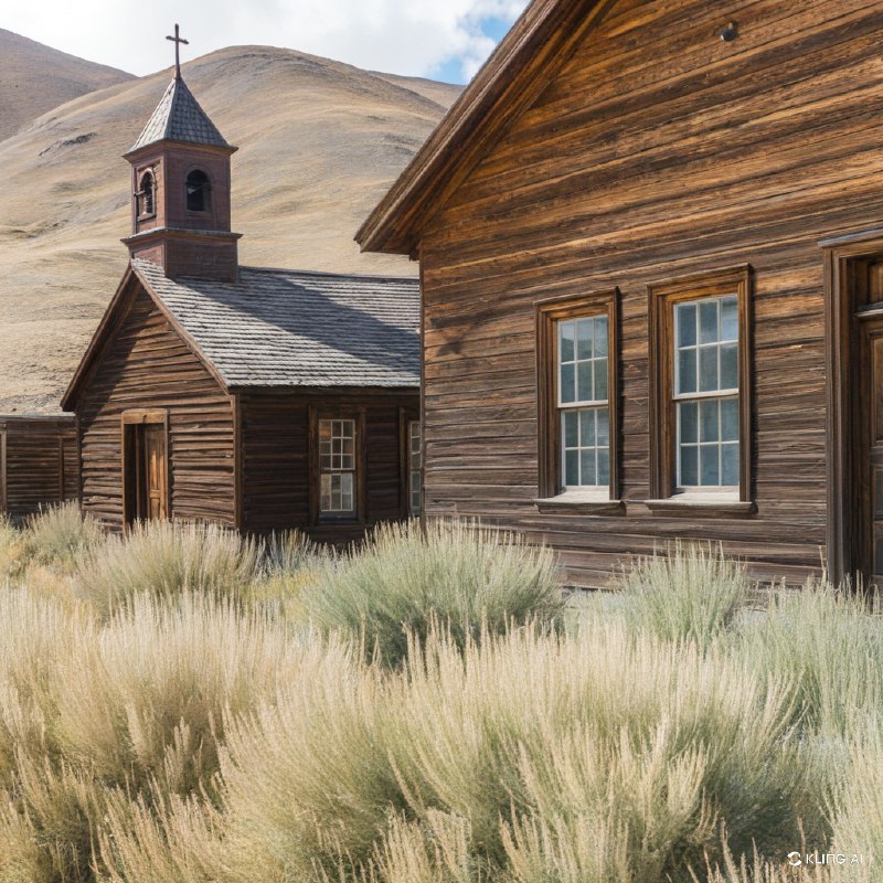 美国加利福尼亚州莫诺县博迪州立历史公园，一座历史悠久的鬼城，古老的木质建筑，杂草丛生，晴空万里