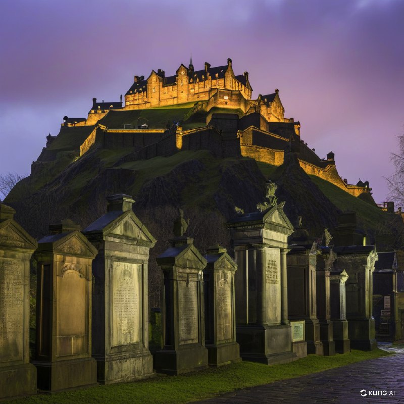 这是一个诡异的历史场景，以苏格兰教堂墓地的墓碑为前景，背景是爱丁堡城堡在阴暗的天空下闪闪发光