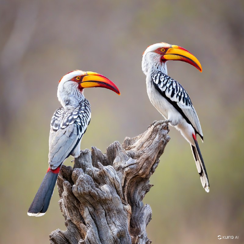 #Bing_Wallpaper两只活力十足的南方黄嘴犀鸟栖息在南非克鲁格国家公园荒野中一棵风化灰树桩的顶端