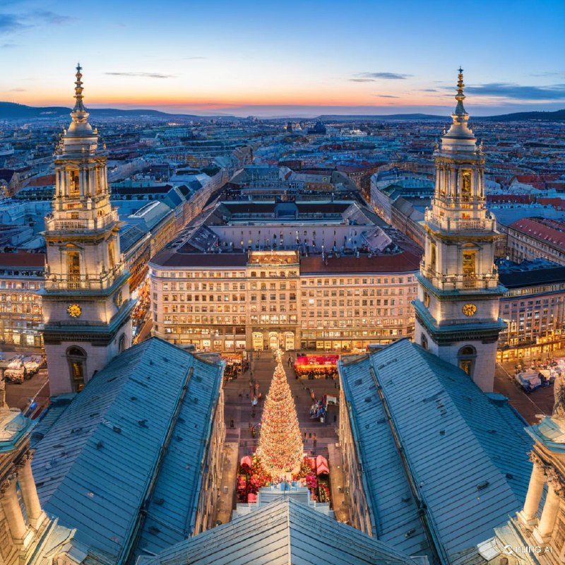#Bing_Wallpaper圣斯蒂芬大教堂在降临节期间的全景，装饰着来自匈牙利布达佩斯繁忙圣诞市场的温暖发光灯饰