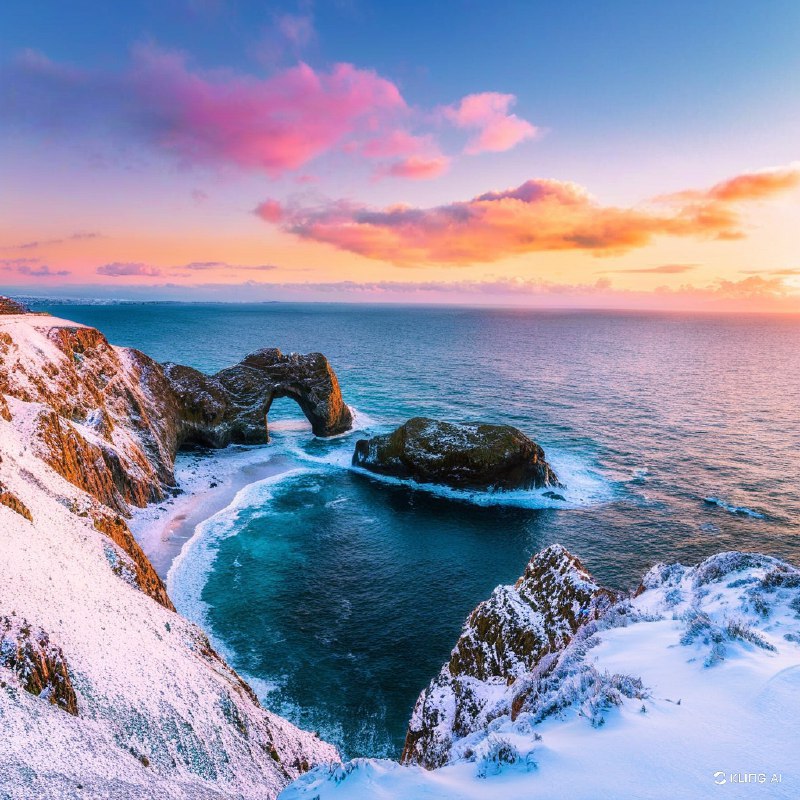 #Bing_Wallpaper超现实的冬季海景位于世界尽头，康沃尔兰兹角被白雪覆盖的悬崖，戏剧性拱形岩石从如梦似幻的海洋中出现，金橙色的日落为冰冷的景观投射出温暖的光辉，深蓝色海洋与白雪形成鲜明对比，崎岖地带上有薄霜的植被点缀，宁静却庄严的氛围，电影般非常细致的视觉风格，捕捉自然的迷人美丽与力量