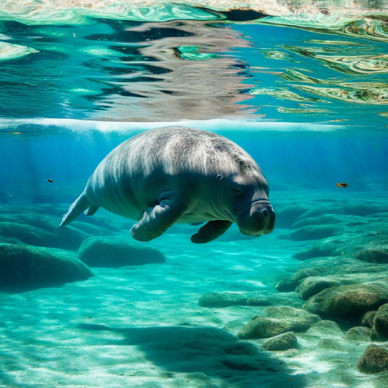 #Bing_Wallpaper在佛罗里达水晶河中的一个迷人的水下景象，一只温顺的海牛优雅地滑行在水面之下