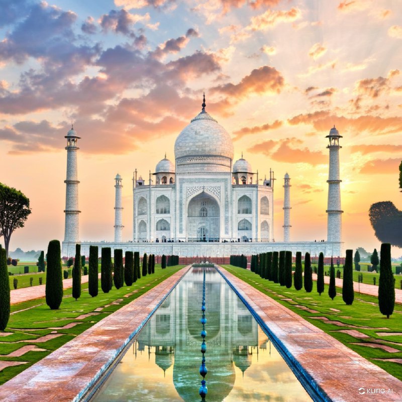 印度泰姬陵日出时的壮丽景色，周围是郁郁葱葱的花园和倒影池，天空生机勃勃