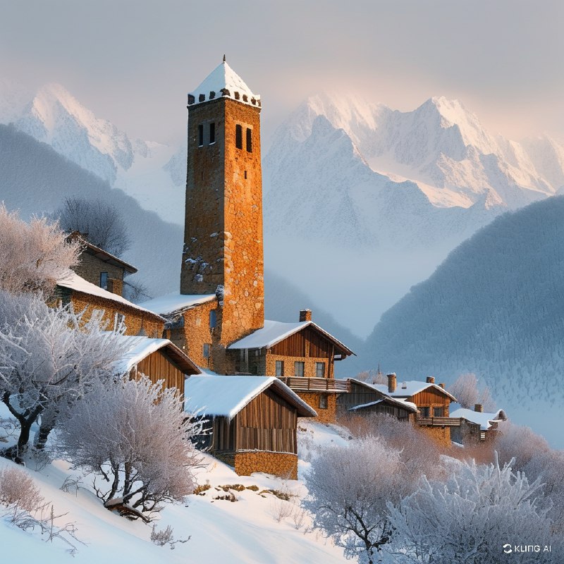 #Bing_Wallpaper“宁静的冬日景观捕捉了格鲁吉亚上斯瓦涅季梅斯蒂亚中世纪石塔的风采，覆盖着一层新雪