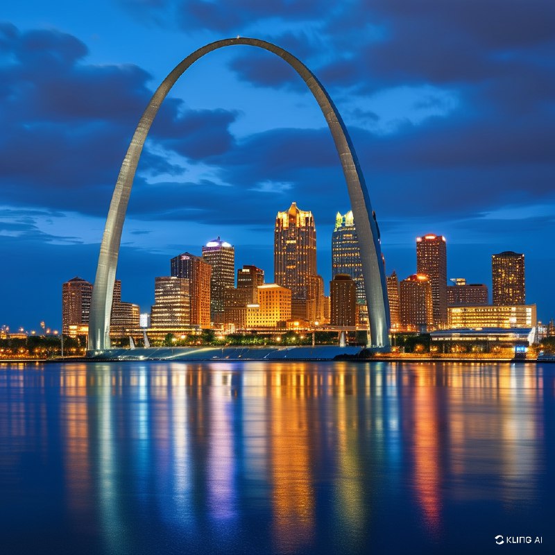 #Bing_Wallpaper“圣路易斯拱门在深邃的钴蓝色黄昏天空映衬下显得格外壮丽，周围环绕着光芒四射的城市景观