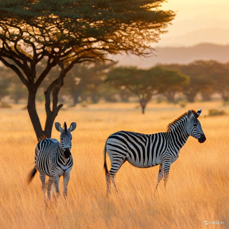 #Bing_Wallpaper两匹雄伟的平原斑马站立在金色的稀树草原上，沐浴在南非莫卡拉国家公园日出时温暖的金色光芒中