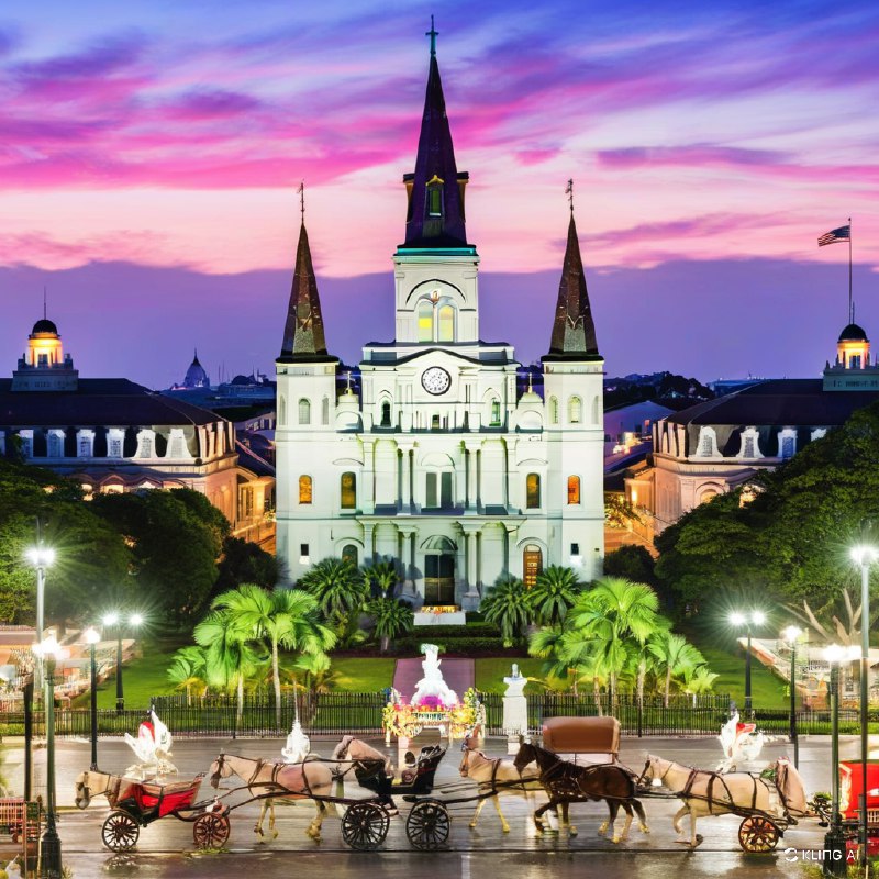 #Bing_Wallpaper"在路易斯安那州新奥尔良热闹的狂欢节庆典中，壮丽的杰克逊广场呈现出迷人的景象，辉煌灯光照耀下的圣路易斯大教堂以其标志性的尖塔矗立其中，被茂密的绿树和历史悠久的建筑映衬