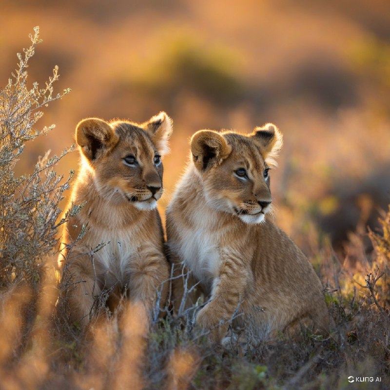 #Bing_Wallpaper日出时分，南非的两只小狮子坐在草地上，眺望远方