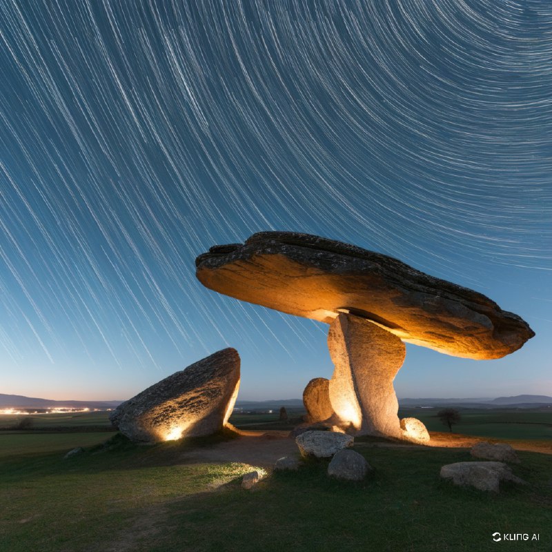 #Bing_Wallpaper“这是一幅神秘的夜景，画面中位于西班牙巴斯克自治区阿拉瓦的庄严索尔吉内切巨石墓（Sorginetxe Dolmen）占据了前景