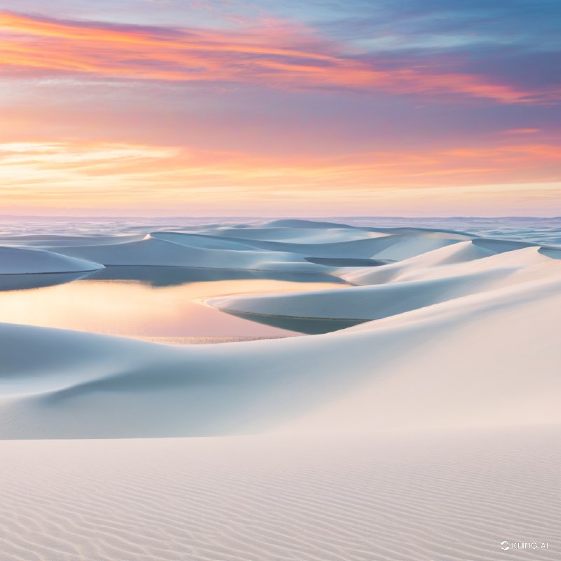 在色彩斑斓、波澜壮阔的落日余晖下，由平滑、洁白的沙丘和宁静、反光的泻湖组成的广袤而超现实的景观，展现出空灵之美和宁静之气
