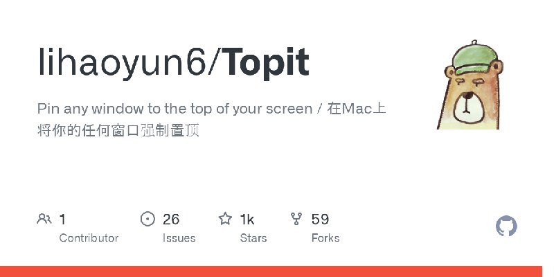 GitHub - lihaoyun6/Topit: Pin any window to the top of your screen / 在Mac上将你的任何窗口强制置顶