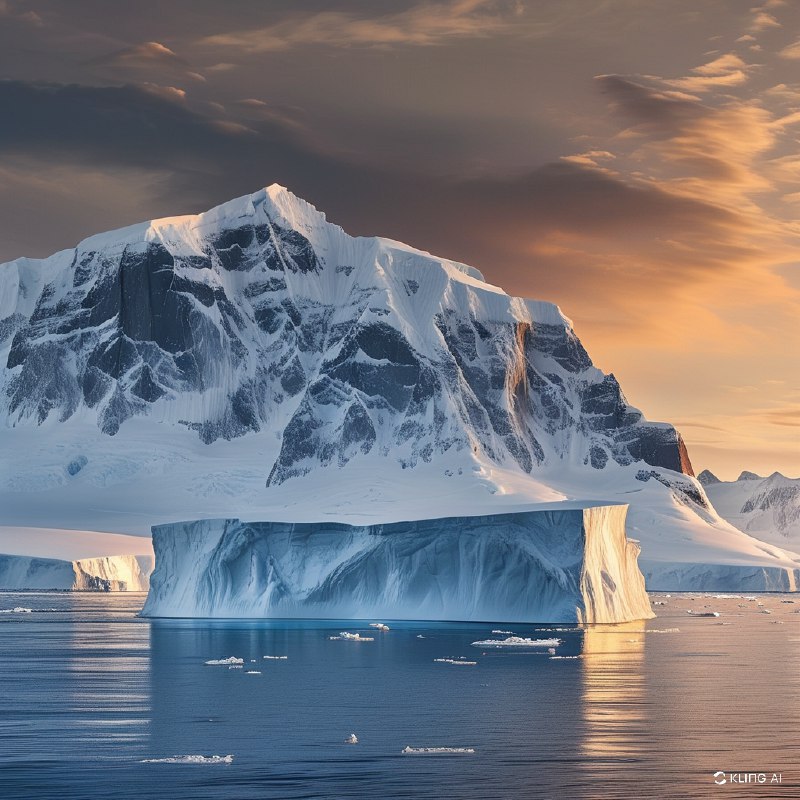 #Bing_Wallpaper雄伟的南极洲景观中，巨大的冰山静静地漂浮在平静的海面上，它们复杂的纹理在光线下熠熠生辉