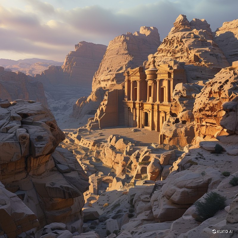 #Bing_Wallpaper“约旦佩特拉的修道院（Ad Deir）的壮丽遗址沐浴在落日的金色余辉中