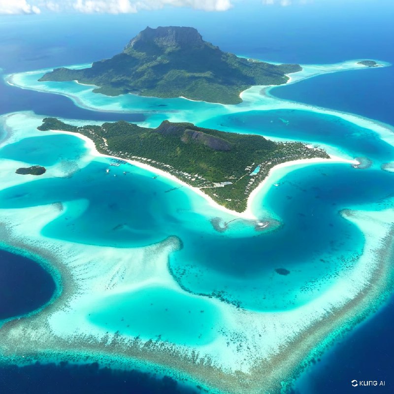 法属波利尼西亚波拉波拉岛鸟瞰图，展示了一个郁郁葱葱的绿色岛屿，四周环绕着清澈的绿松石泻湖和珊瑚礁