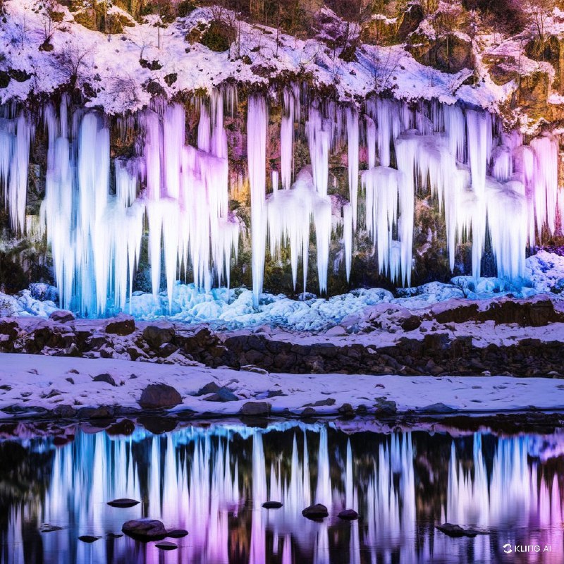 #Bing_Wallpaper"日本秩父三十槌冰柱的迷人冬景，以从陡峭崖壁倾泻而下的高大透明冰柱为特色