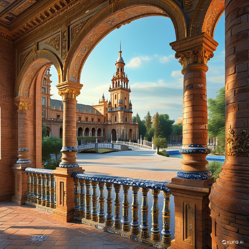 #Bing_Wallpaper受到西班牙塞维利亚西班牙广场启发的宏伟建筑场景，被重新构想为一个充满活力的外星行星——纳布星