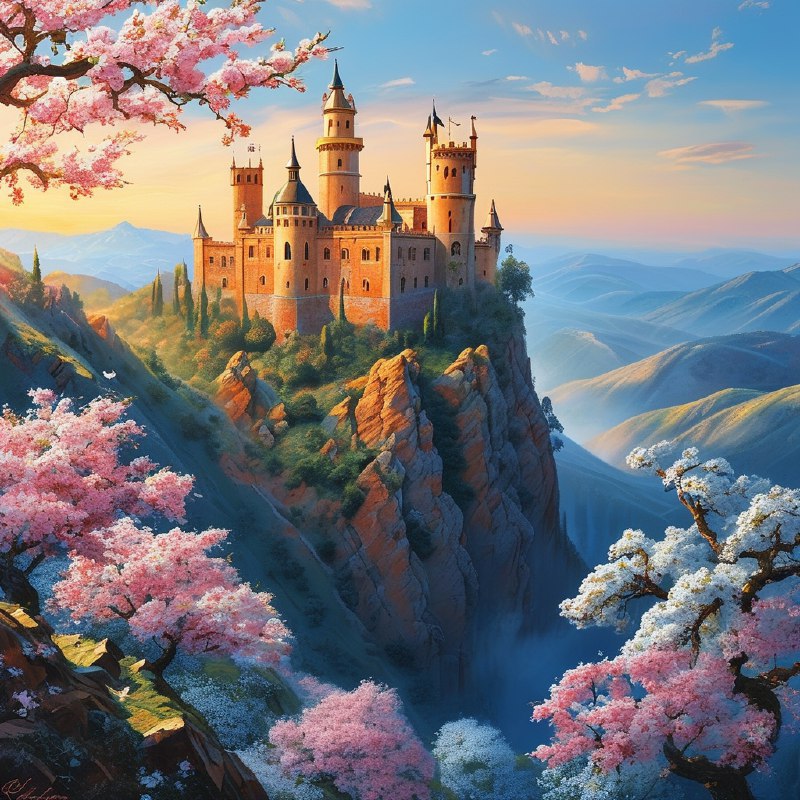 #Bing_Wallpaper“如梦似幻的西班牙城堡坐落在起伏的山丘之上，卡拉奥拉城堡由金红色的石材建成，在柔和的阳光下散发出温暖的光芒，周围是一片娇嫩盛开的粉白色樱花