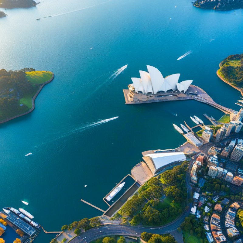 #Bing_Wallpaper"一幅令人叹为观止的悉尼港鸟瞰图，展示了位于澳大利亚新南威尔士州的标志性建筑悉尼歌剧院和海港大桥沐浴在黄昏的金色光辉中