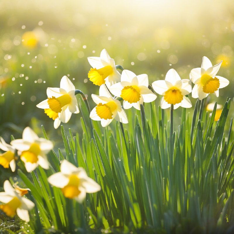 #Bing_Wallpaper一个迷人的春日清晨，沐浴在金色阳光中，娇嫩的水仙花优雅地盛开在鬱鬱葱葱的绿草间