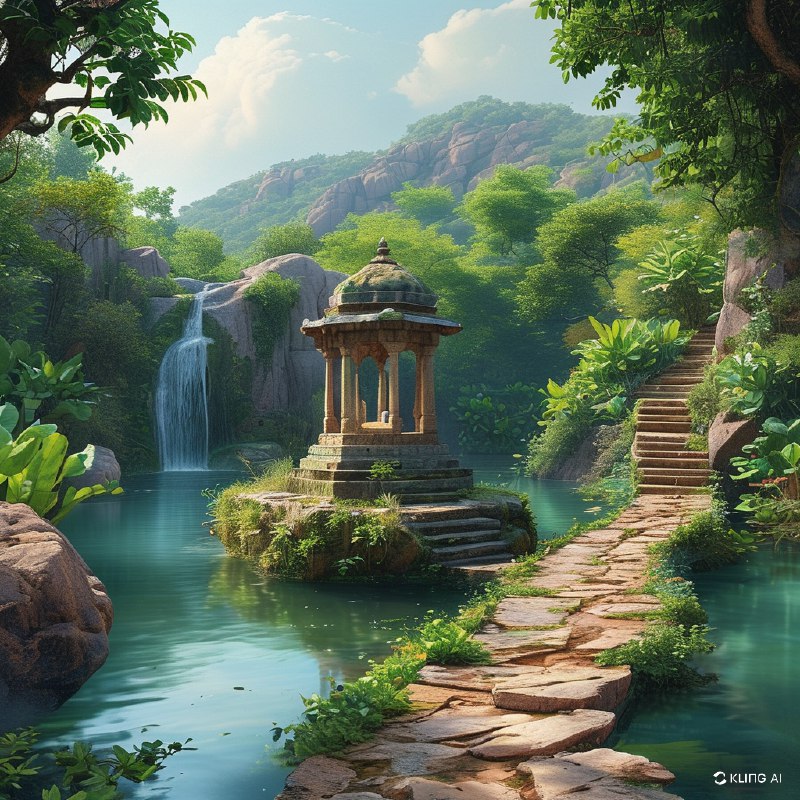 #Bing_Wallpaper“从空中俯瞰宁静的印度卡纳塔克邦霍恩马拉杜附近的 Champaka Sarasi 池塘，一片郁郁葱葱的绿意环绕着池塘，古老的石阶层层跌落至水中