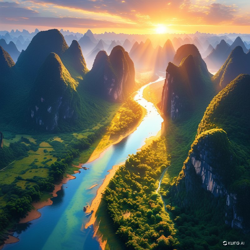 #Bing_Wallpaper沐浴在日出金色光辉中的壮丽喀斯特山峰，展现了中国桂林广西绿意盎然的绝美景观的震撼俯瞰图