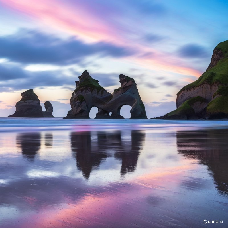 #Bing_Wallpaper新西兰瓦拉里基海滩壮丽的海岸景观，展示了从宁静的大海中冒出的高耸而饱经风霜的岩石地貌，其中一块岩石被时间雕刻出了一个天然的拱门