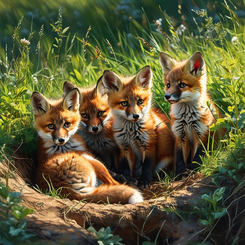 #Bing_Wallpaper一群顽皮的红狐狸幼崽在它们泥土色的巢穴附近嬉戏，周围环绕着茂密的青草和柔软的野生植物