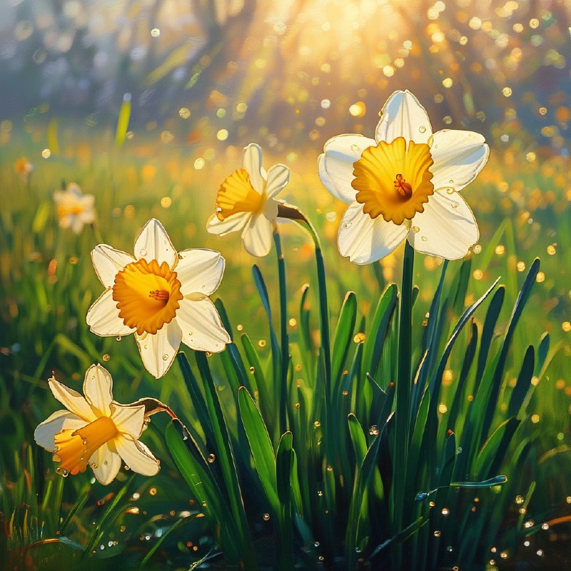 #Bing_Wallpaper一个迷人的春日清晨，沐浴在金色阳光中，娇嫩的水仙花优雅地盛开在鬱鬱葱葱的绿草间