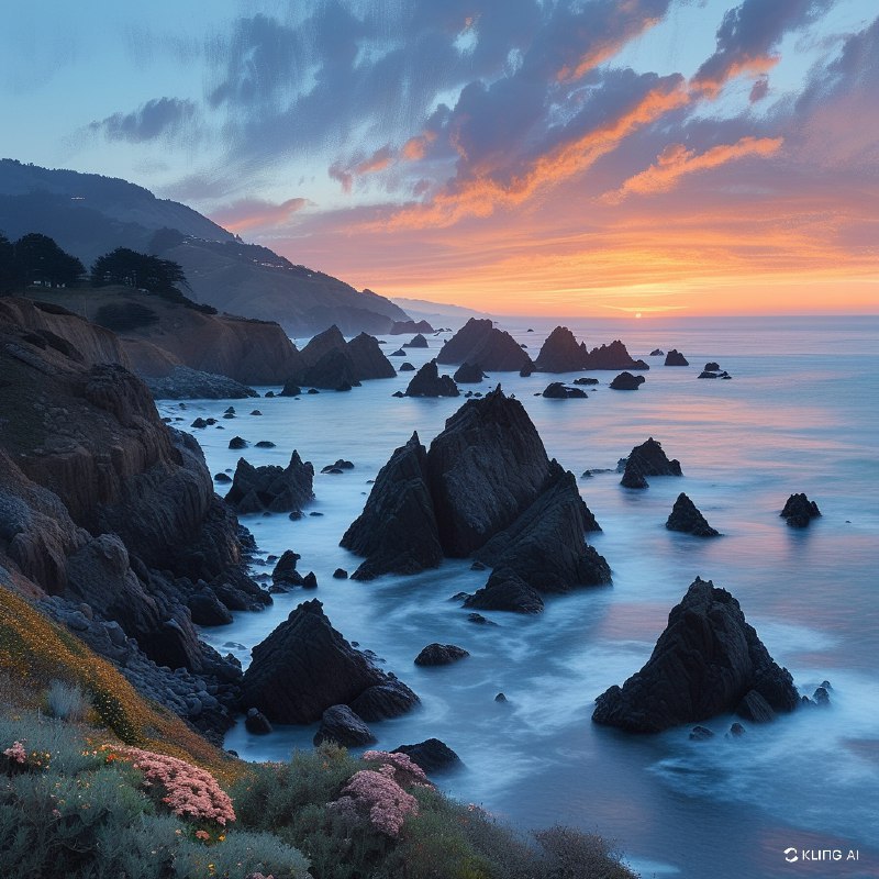 #Bing_WallpaperA mesmerizing coastal scene at twilight in Sonoma Coast State Park, California. The rugged shoreline is adorned with jagged, dark rock formations emerging from the serene ocean, creating a dramatic silhouette against the soft glow of dusk. The sky is a canvas of gentle blues and purples, with wisps of clouds painted in subtle shades of peach and pink, hinting at the day's end. The ocean is calm yet vibrant, with a misty haze enveloping the scene, adding depth and mystery. The overall composition captures the tranquil yet majestic essence of the tidal landscape, evoking a sense of peace and wonder. The image is rich in color and texture, embodying an impressionistic, almost ethereal style that highlights the natural beauty and dynamic interplay of light and shadow.加州索诺马海岸州立公园黄昏时分迷人的海岸景象