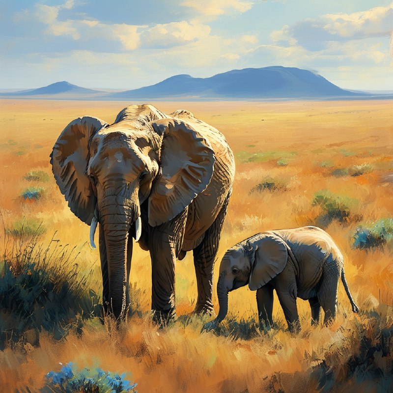 #Bing_Wallpaper两头沙漠大象——一头成年象和一头顽皮的小象——正在纳米比亚广阔的沙漠地带中，平静地在高大茂密的金绿色草丛间觅食