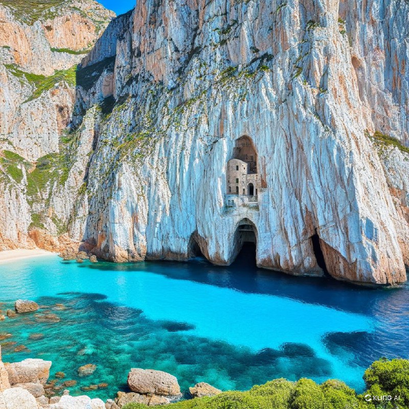 #Bing_Wallpaper“在意大利撒丁岛苏尔基斯-伊格莱西恩特地区的弗拉维亚港，一座雄伟的海岸悬崖展现出戏剧性的石灰岩峭壁，峭壁中镶嵌着一座神秘且古老的工业建筑，隐匿于巨大的白色与赭色石块之中