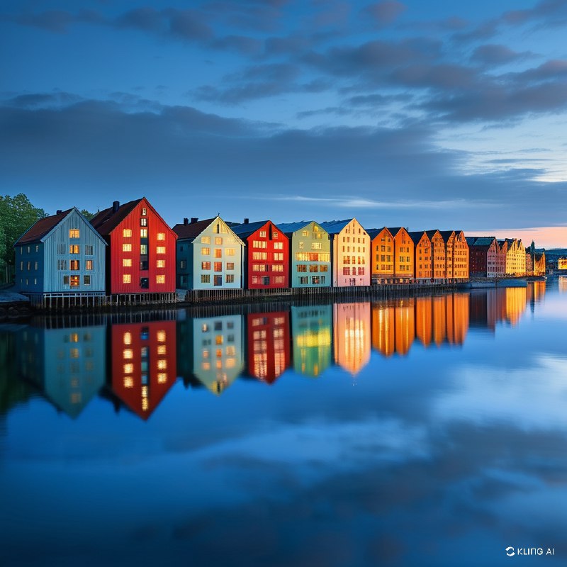 #Bing_Wallpaper“挪威特隆赫姆宁静的暮色，捕捉到‘蓝色时刻’笼罩下的静谧河畔景象