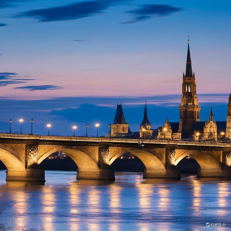 #Bing_Wallpaper黄昏时分，一座历史悠久的多拱石桥横跨宽阔的河流，风景如画