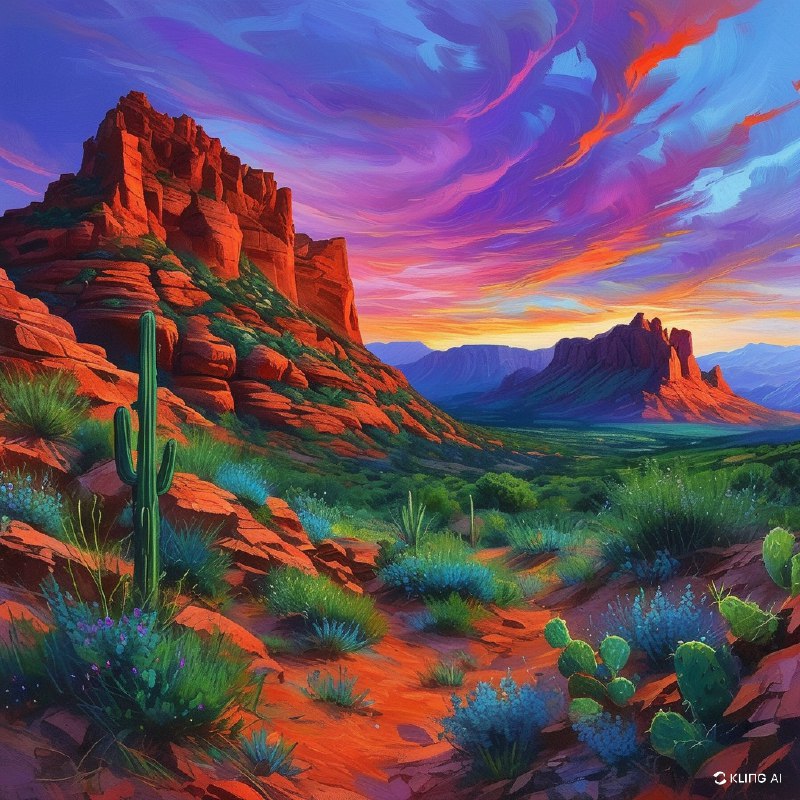 #Bing_Wallpaper“亚利桑那州塞多纳雄伟的红岩地貌，在一个充满活力的暮色天空下显得格外壮观，天空色彩迷离，紫色、粉色和蓝色交织，仿佛情感与能量的旋涡；崎岖的砂岩峭壁散发着温暖的琥珀色与深红色调，其间点缀着茂密的绿色沙漠植被；前景展现了沙漠植物的细节，包括鼠尾草和仙人掌，与土红色的地面形成鲜明对比；整个场景的鲜明宁静唤起一种神秘而超凡的氛围，画面以高度写实的高清风格呈现，巧妙平衡了戏剧性的光线与柔和的自然色彩