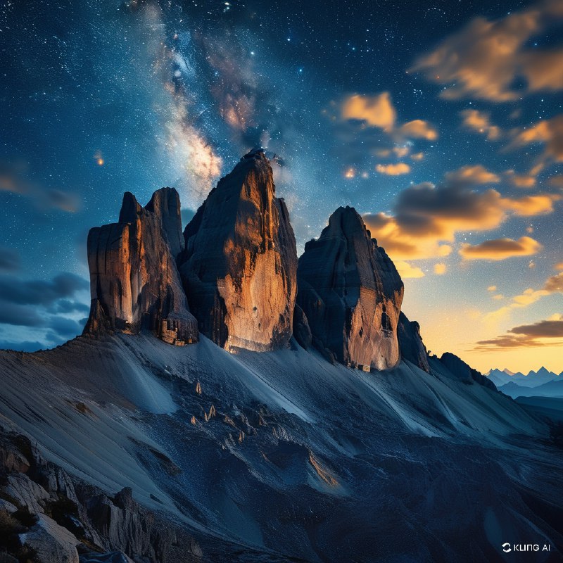 #Bing_Wallpaper“星光灿烂的夜晚下，庄严的三峰峻岭（Tre Cime di Lavaredo）剧烈地凸显于辉煌的银河所点亮的天空