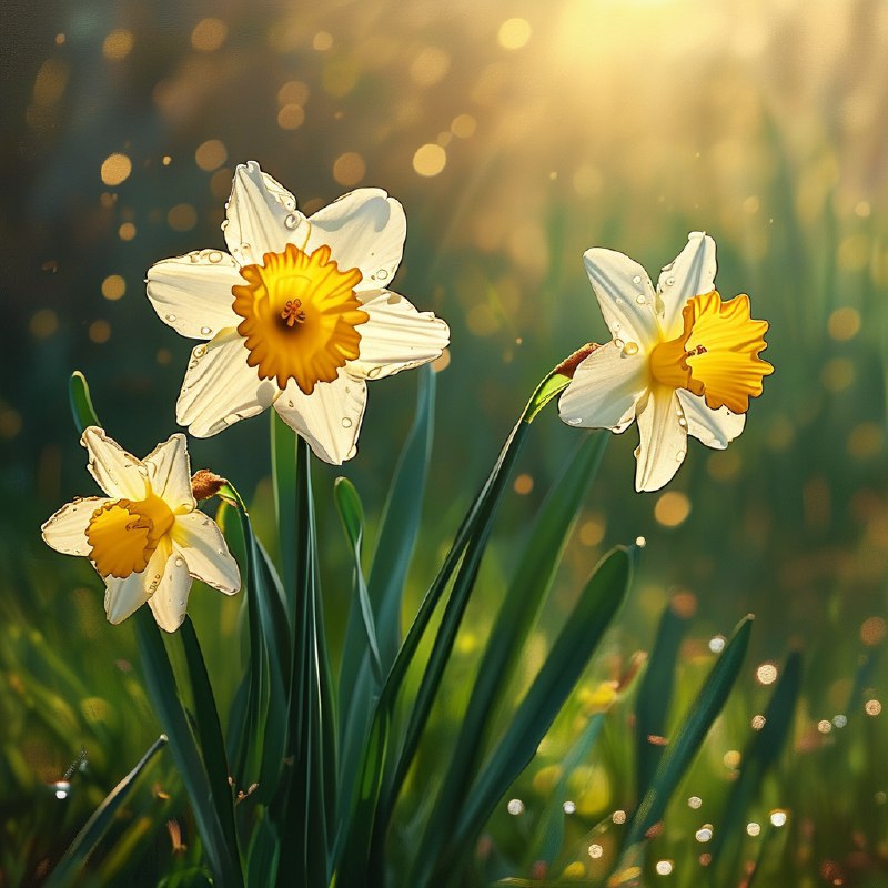#Bing_Wallpaper一个迷人的春日清晨，沐浴在金色阳光中，娇嫩的水仙花优雅地盛开在鬱鬱葱葱的绿草间