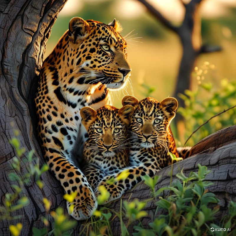 #Bing_Wallpaper“在博茨瓦纳贾奥自然保护区茂密的绿色荒野中，一只母豹正温柔地为她那顽皮的小豹梳理毛发，二者优雅地栖息在一棵粗壮而沧桑的树干上，构成了一幅宁静而暖心的画面