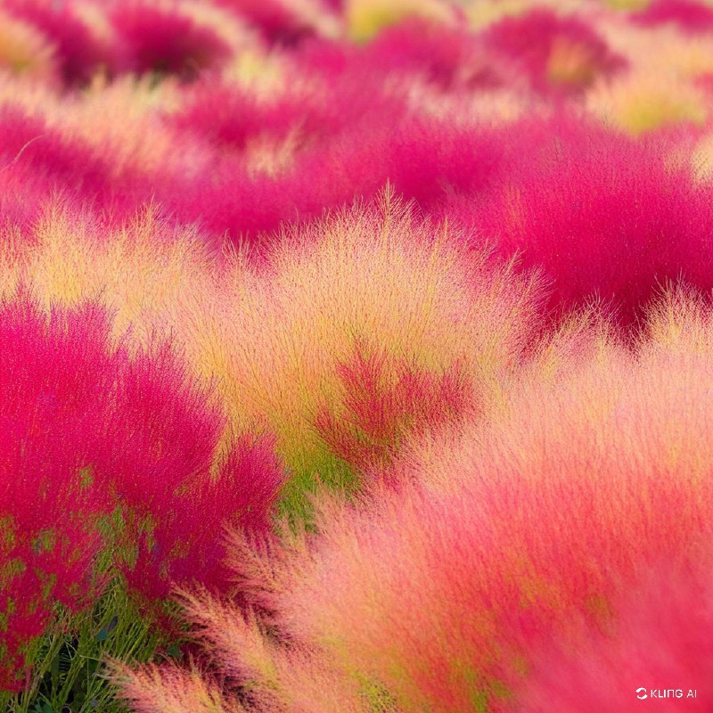 日本茨城县筑成市，一片生机勃勃的 Kochia scoparia 田野，呈现出浓郁的红色和橙色，秋高气爽，微风轻拂，自然景观