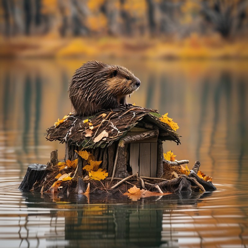 #Bing_Wallpaper“一个宁静的秋日景象，呈现出一只北美海狸静静地蹲坐在通过精心交织的树枝、细枝与泥土构筑的窝棚顶端，以怀俄明州莫兰的宁静湖泊为背景，湖面映射着季节性树叶带来的金橙色光辉