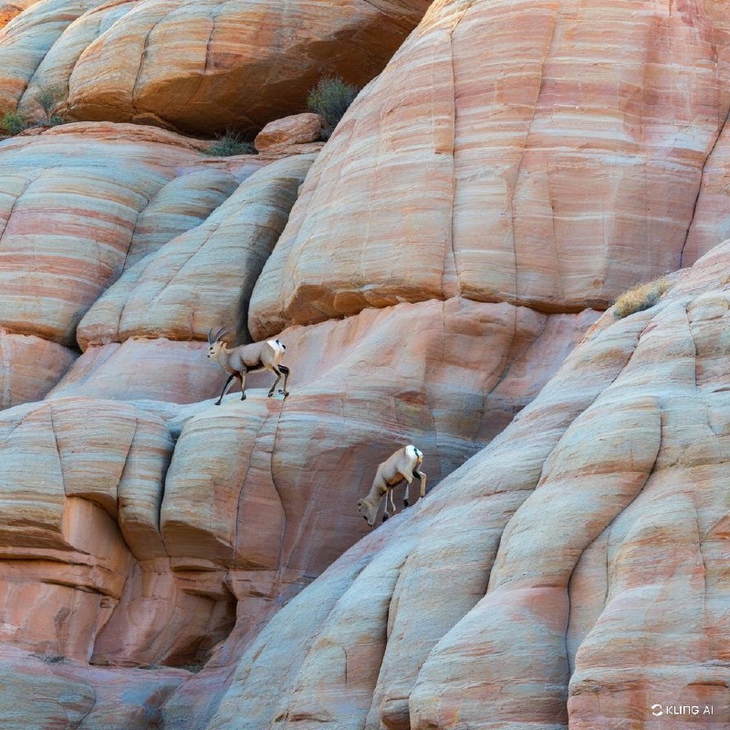 #Bing_Wallpaper两只沙漠大角羊优雅地穿行于阳光照耀下内华达州火焰谷州立公园崎岖的地形上，栖息在色调柔和的砂岩地貌上