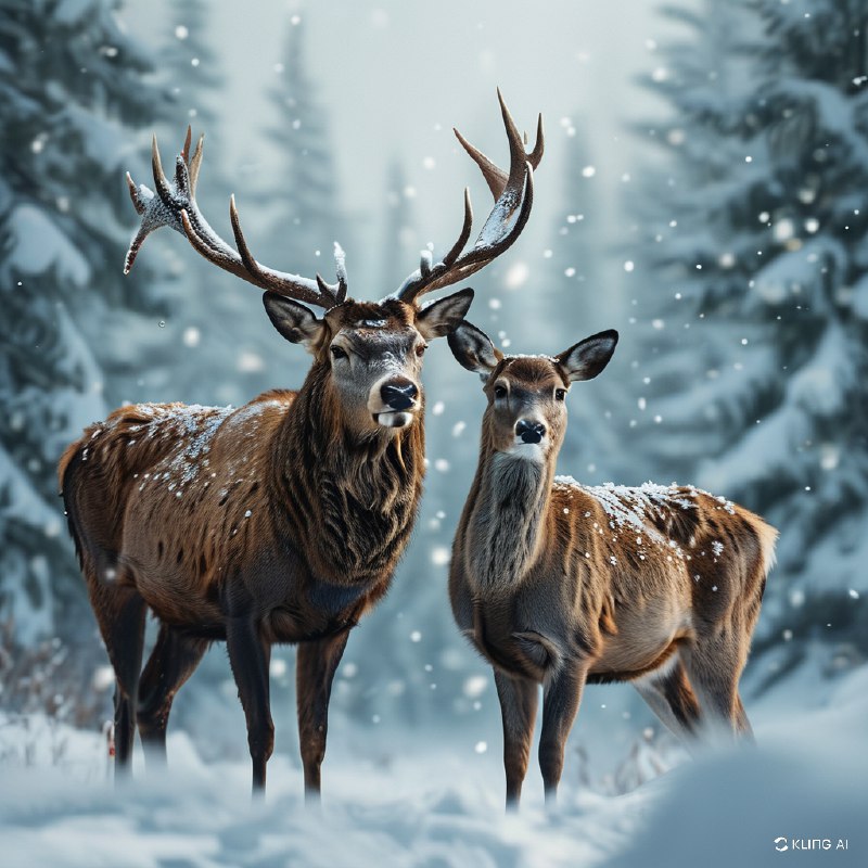 #Bing_Wallpaper“壮丽的加拿大森林景色，一头高贵的雄鹿伴着高耸的鹿角，守护地站在一只温柔的雌鹿旁边，它们浓密的红褐色毛皮与洁白的雪景形成美丽的对比，空中飘舞着精致的雪花，营造出一种超然的冬日氛围，背景中轻微模糊的积雪覆盖的常青树衬托其意境，毛皮与雪的复杂纹理在自然柔和的光线下被凸显出来，捕捉到了自然的优雅与宁静，电影般的构图，超写实的渲染，细腻的细节与生动的色彩