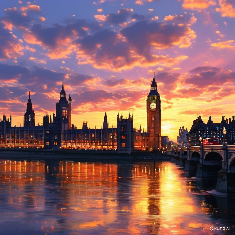 #Bing_Wallpaper"壮丽的景色展现了伦敦标志性地标在令人屏息的日落时分的美景，包括宏伟的威斯敏斯特宫、被金色光辉照亮的高耸大本钟钟面，以及议会大厦的历史建筑