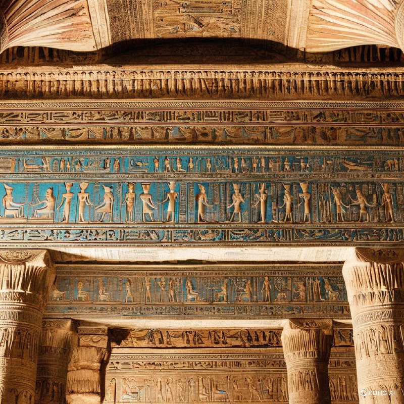 古埃及神庙的内部装饰、细致的象形文字和石雕、鲜艳的色彩、复杂的建筑细节、华丽的柱子、历史的氛围、温暖的灯光、神圣而神秘的氛围