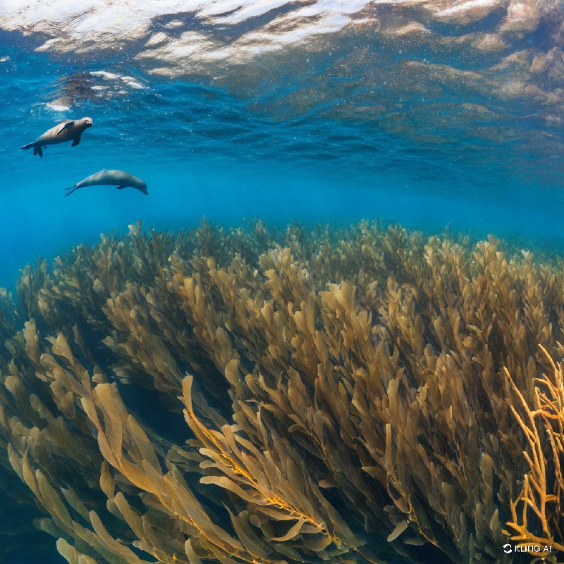 一个宁静的水下场景，以巨大的海藻林为特色，金褐色的海藻生机勃勃